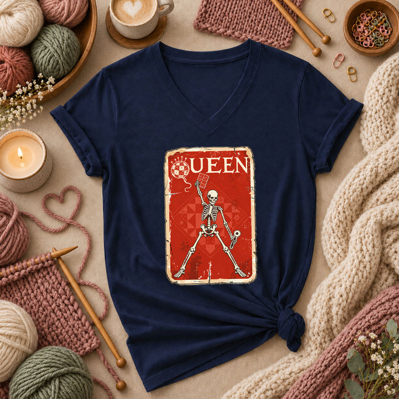 Quilt Queen Skeleton Vintage Poster Women's V-Neck - Navy