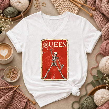 Quilt Queen Skeleton Vintage Poster Women's V-Neck - White