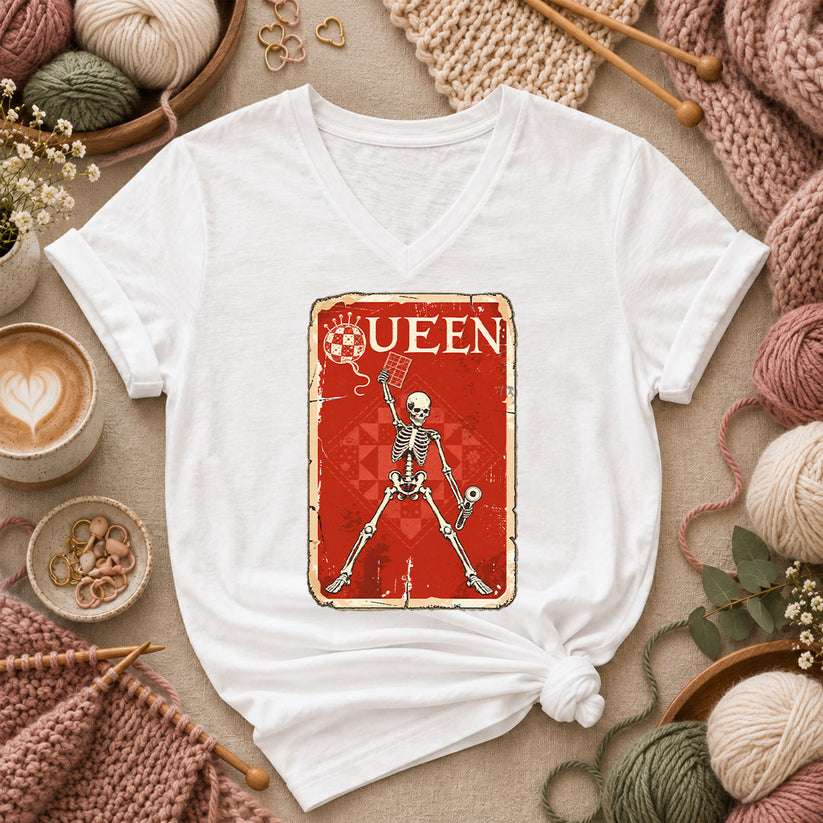 Quilt Queen Skeleton Vintage Poster Women's V-Neck - White