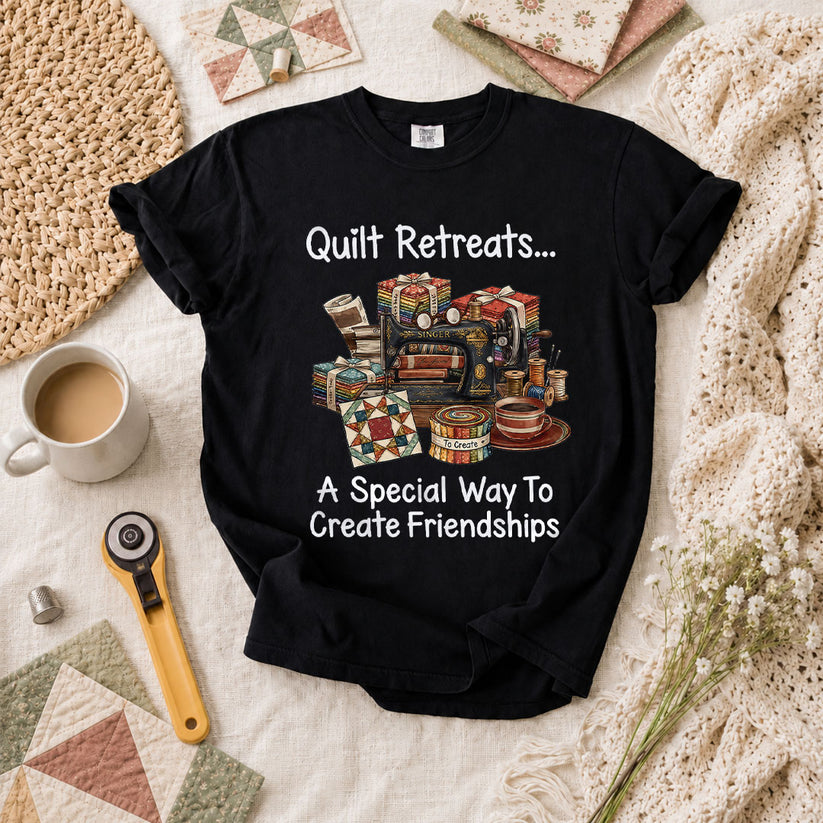 Quilt Retreats A Special Way To Create Friendships Singer Machine T-Shirt - Black