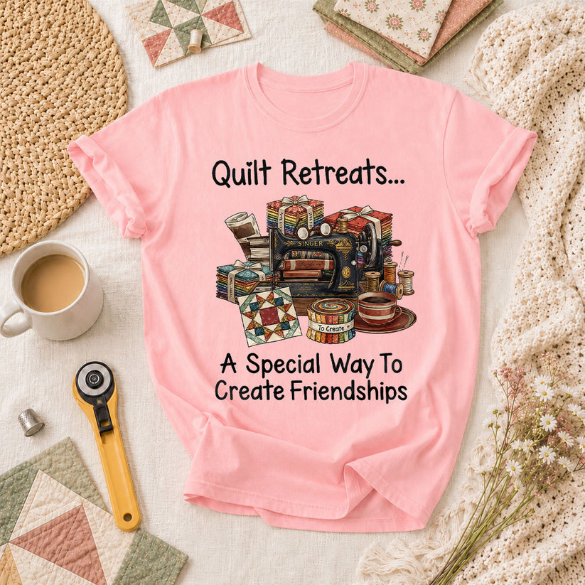 Quilt Retreats A Special Way To Create Friendships Singer Machine T-Shirt - Pink