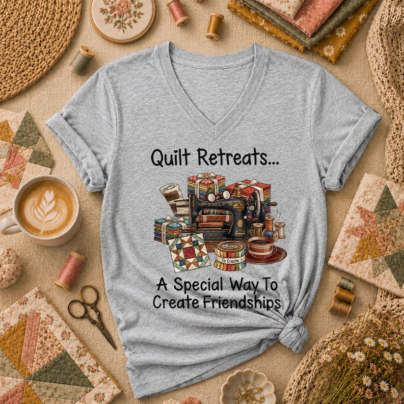 Quilt Retreats A Special Way To Create Friendships Singer Machine Women's V-Neck - Athletic Heather