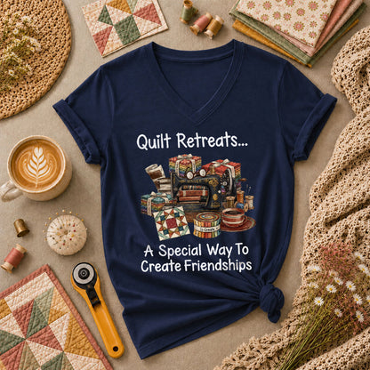 Quilt Retreats A Special Way To Create Friendships Singer Machine Women's V-Neck - Navy