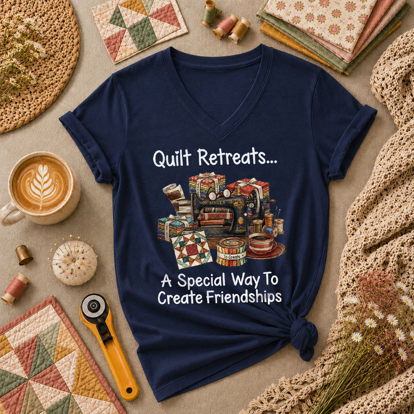 Quilt Retreats A Special Way To Create Friendships Singer Machine Women's V-Neck - Navy
