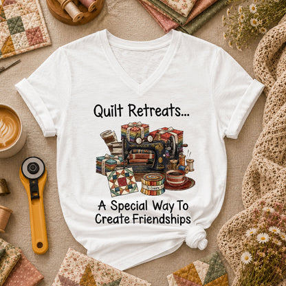 Quilt Retreats A Special Way To Create Friendships Singer Machine Women's V-Neck - White