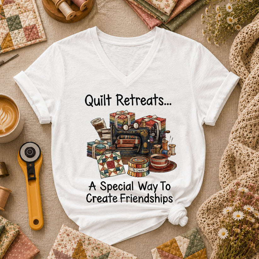 Quilt Retreats A Special Way To Create Friendships Singer Machine Women's V-Neck - White
