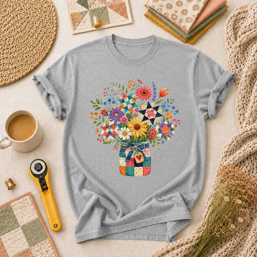 Quilt Star Wildflower Bouquet Patchwork Jar T-Shirt - Athletic Heather