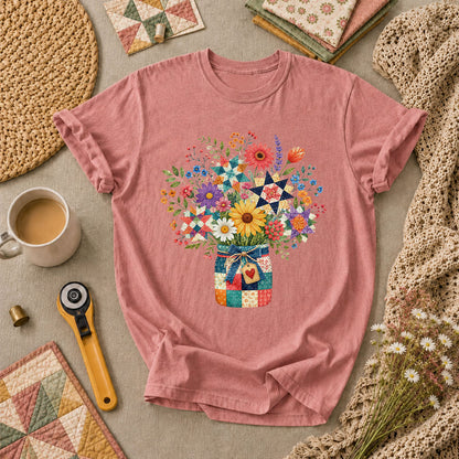 Quilt Star Wildflower Bouquet Patchwork Jar T-Shirt - Heather Mauve