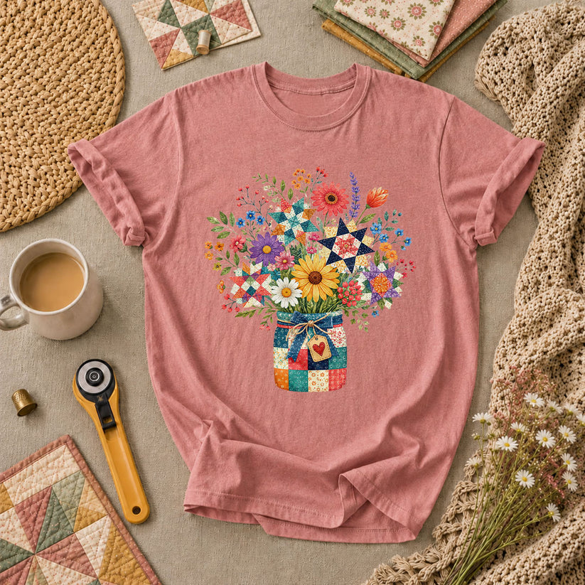 Quilt Star Wildflower Bouquet Patchwork Jar T-Shirt - Heather Mauve