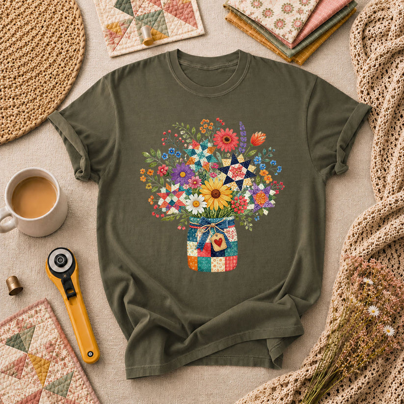Quilt Star Wildflower Bouquet Patchwork Jar T-Shirt - Military Green