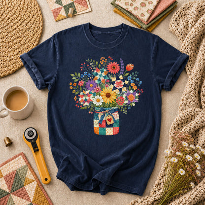 Quilt Star Wildflower Bouquet Patchwork Jar T-Shirt - Navy