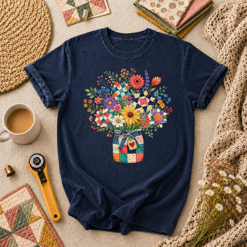 Quilt Star Wildflower Bouquet Patchwork Jar T-Shirt - Navy