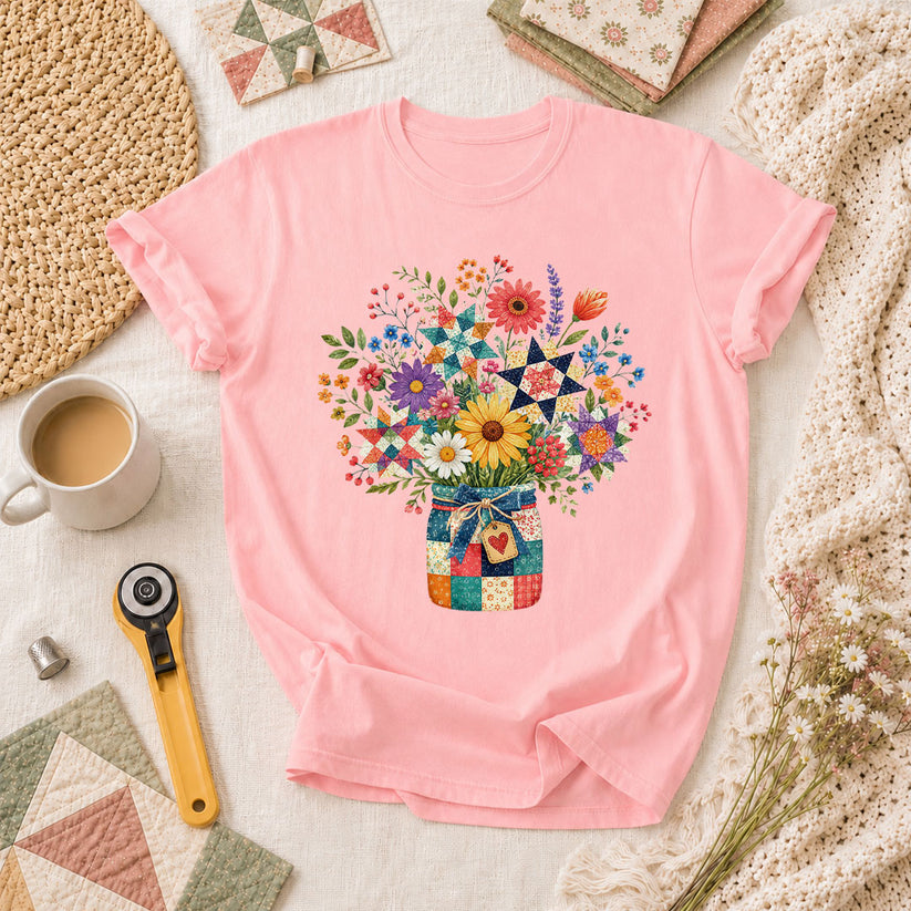 Quilt Star Wildflower Bouquet Patchwork Jar T-Shirt - Pink