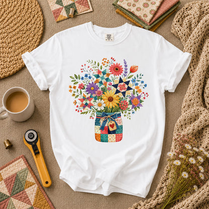 Quilt Star Wildflower Bouquet Patchwork Jar T-Shirt - White