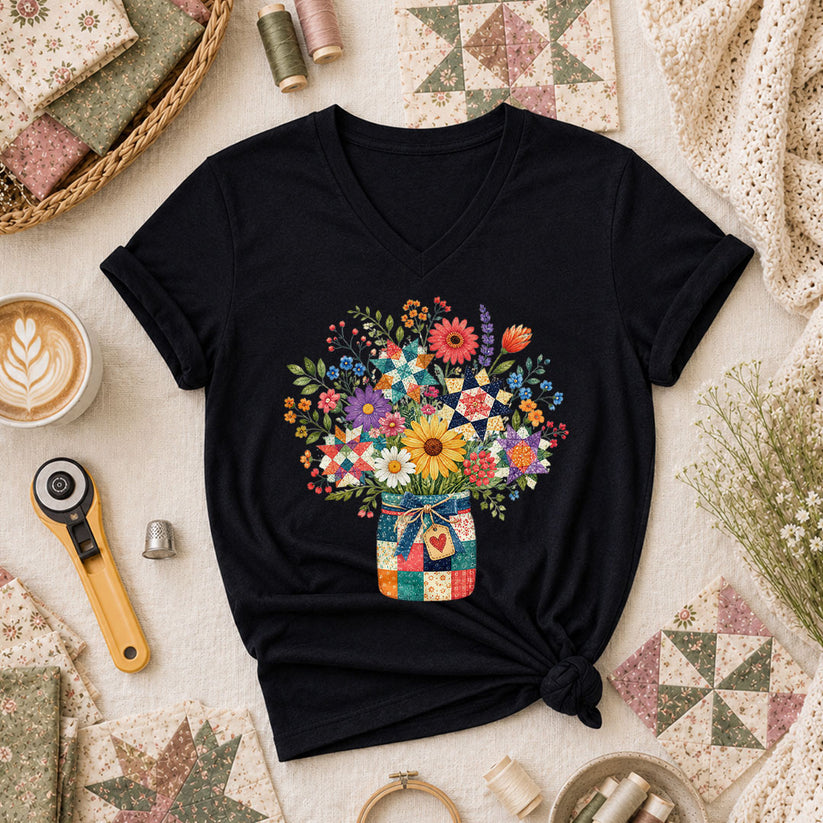 Quilt Star Wildflower Bouquet Patchwork Jar Women's V-Neck - Black