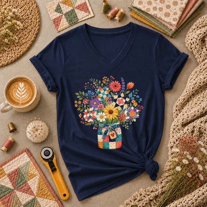 Quilt Star Wildflower Bouquet Patchwork Jar Women's V-Neck - Navy