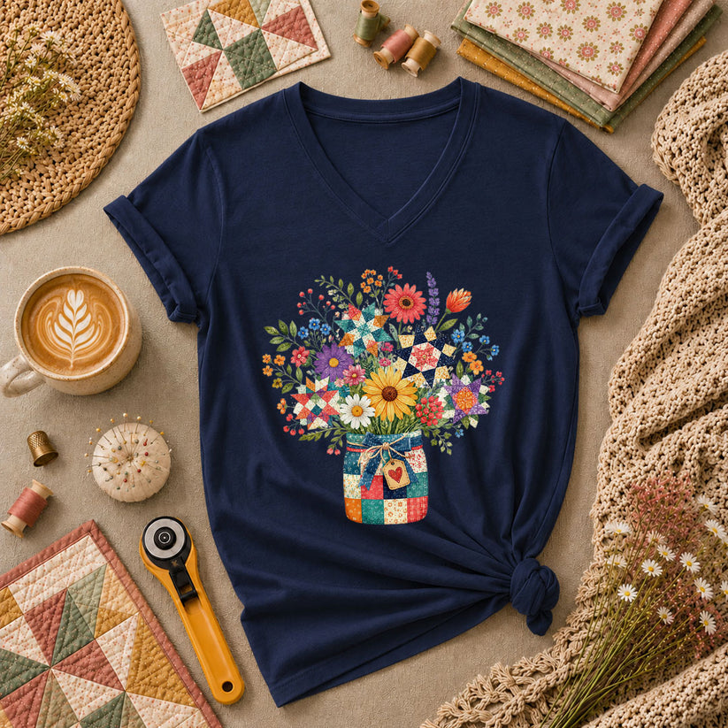 Quilt Star Wildflower Bouquet Patchwork Jar Women's V-Neck - Navy