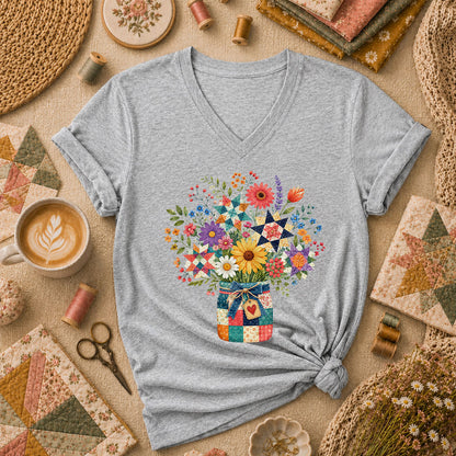 Quilt Star Wildflower Bouquet Patchwork Jar Women's V-Neck - Sport Grey