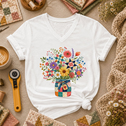Quilt Star Wildflower Bouquet Patchwork Jar Women's V-Neck - White