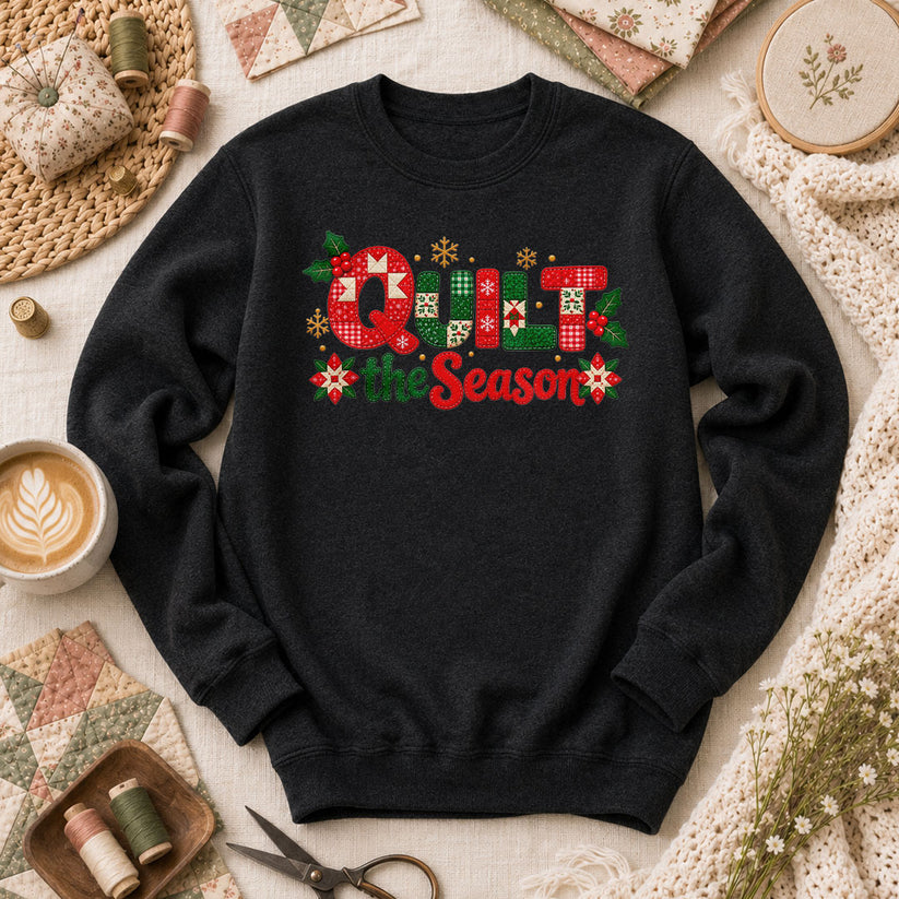 Quilt The Season Patchwork Holly And Poinsettias Long Sleeve - Black