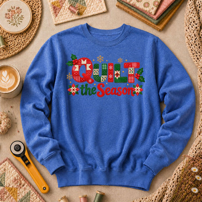 Quilt The Season Patchwork Holly And Poinsettias Long Sleeve - Heather True Royal