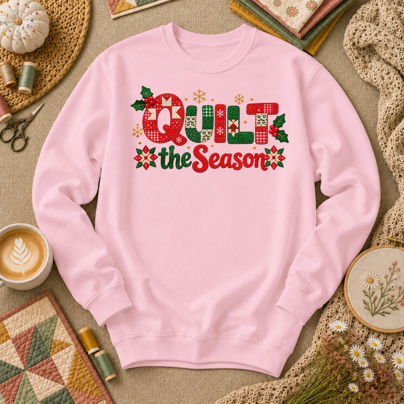Quilt The Season Patchwork Holly And Poinsettias Long Sleeve - Light Pink
