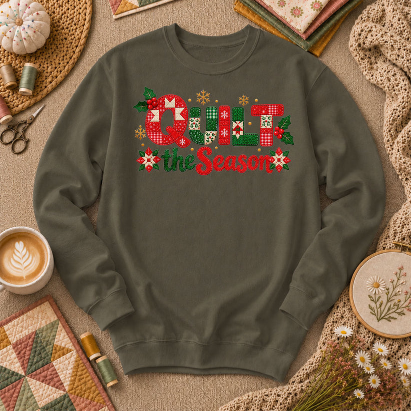 Quilt The Season Patchwork Holly And Poinsettias Long Sleeve - Military Green