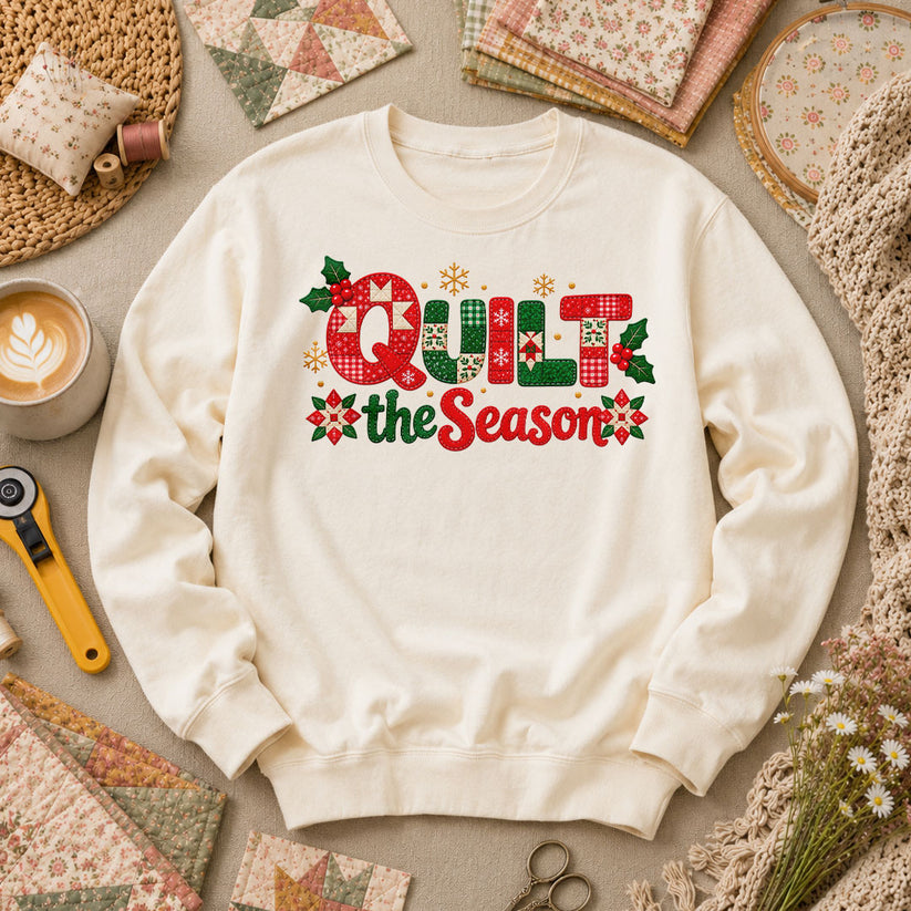 Quilt The Season Patchwork Holly And Poinsettias Long Sleeve - Natural
