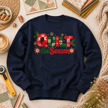 Quilt The Season Patchwork Holly And Poinsettias Long Sleeve - Navy
