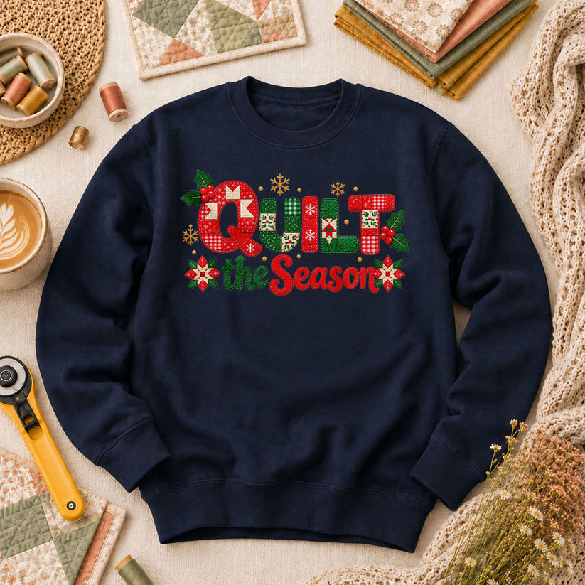 Quilt The Season Patchwork Holly And Poinsettias Long Sleeve - Navy