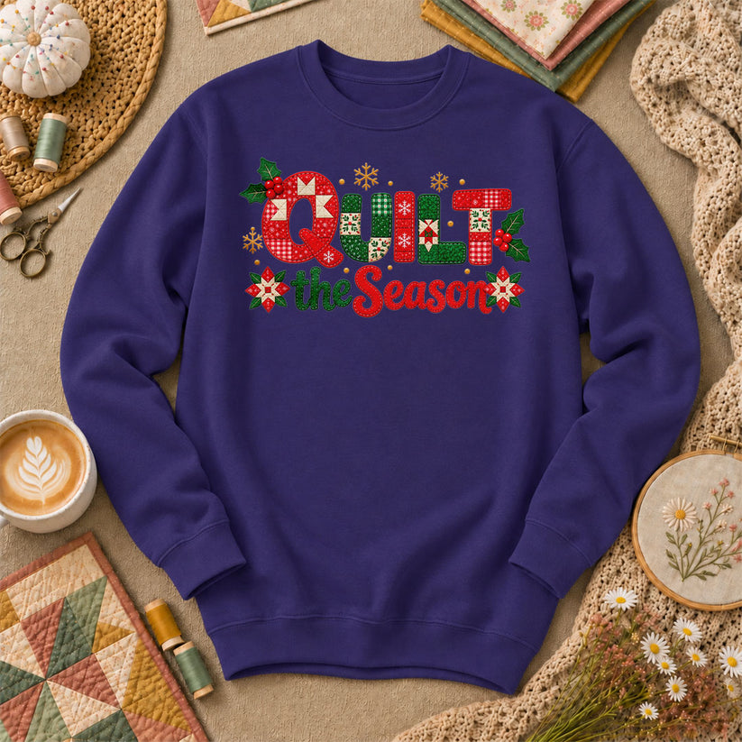 Quilt The Season Patchwork Holly And Poinsettias Long Sleeve - Purple