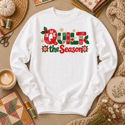 Quilt The Season Patchwork Holly And Poinsettias Long Sleeve - White