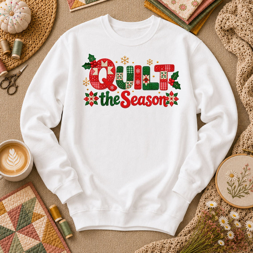 Quilt The Season Patchwork Holly And Poinsettias Long Sleeve - White