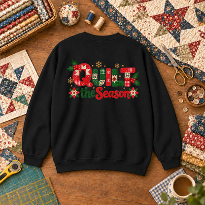 Quilt The Season Patchwork Holly And Poinsettias Sweatshirt - Black