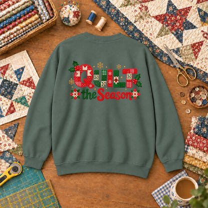 Quilt The Season Patchwork Holly And Poinsettias Sweatshirt - Forest Green