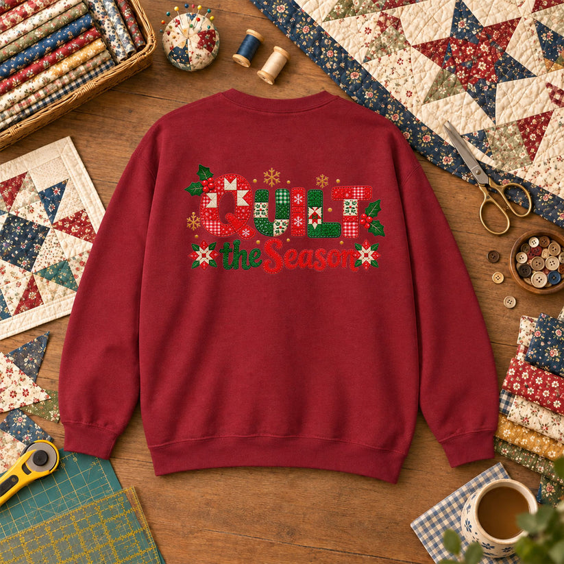 Quilt The Season Patchwork Holly And Poinsettias Sweatshirt - Garnet