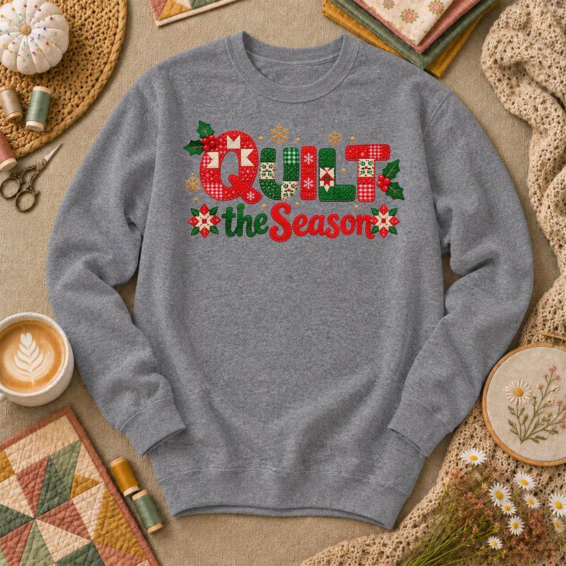 Quilt The Season Patchwork Holly And Poinsettias Sweatshirt - Graphite Heather
