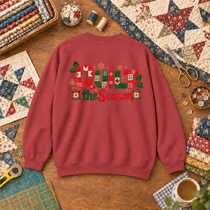 Quilt The Season Patchwork Holly And Poinsettias Sweatshirt - Heather Red