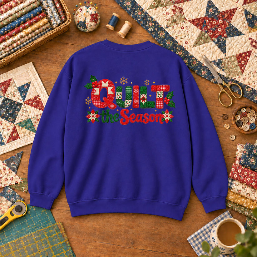 Quilt The Season Patchwork Holly And Poinsettias Sweatshirt - Royal