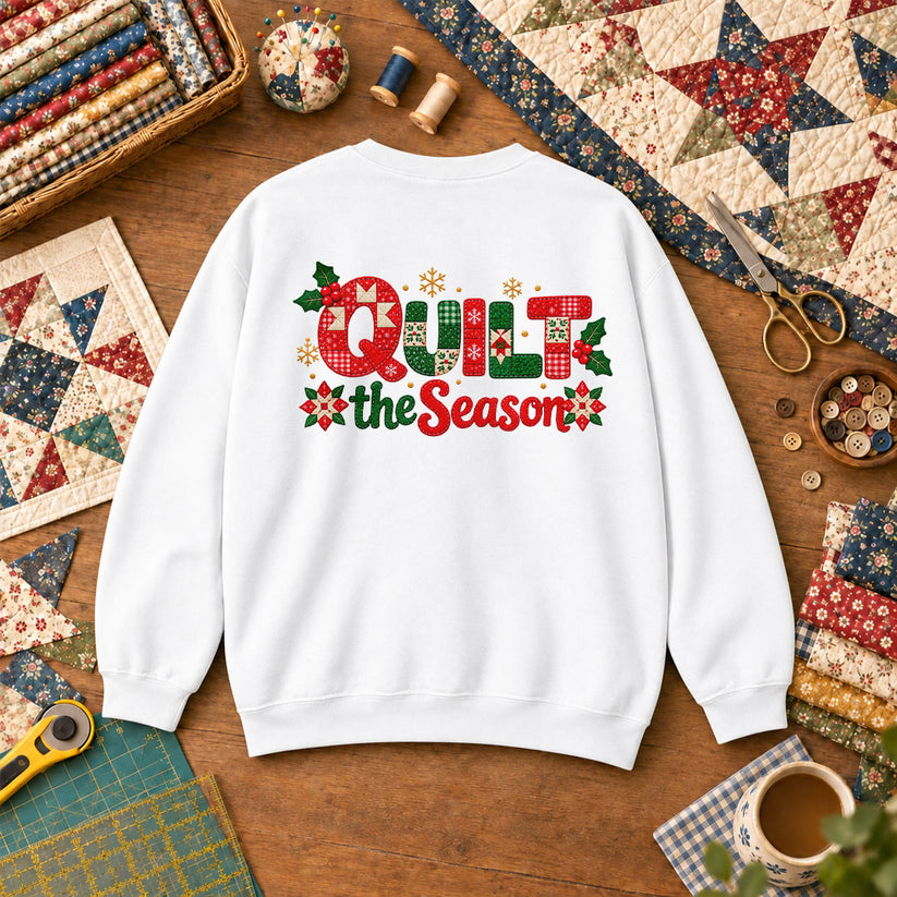 Quilt The Season Patchwork Holly And Poinsettias Sweatshirt - White