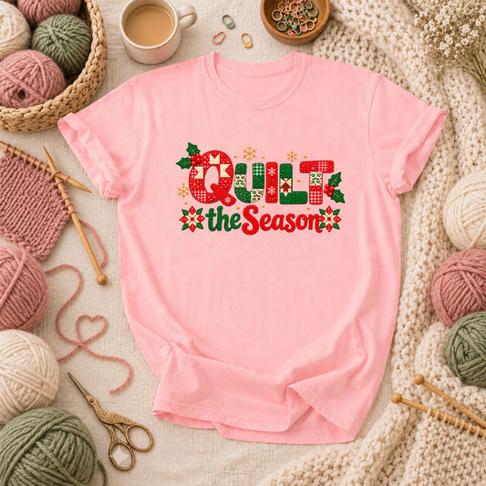 Quilt The Season Patchwork Holly And Poinsettias T-Shirt - Pink