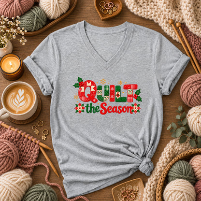 Quilt The Season Patchwork Holly And Poinsettias Women's V-Neck - Athletic Heather