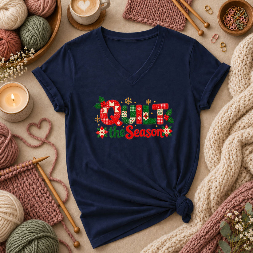 Quilt The Season Patchwork Holly And Poinsettias Women's V-Neck - Navy
