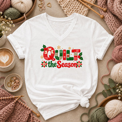 Quilt The Season Patchwork Holly And Poinsettias Women's V-Neck - White