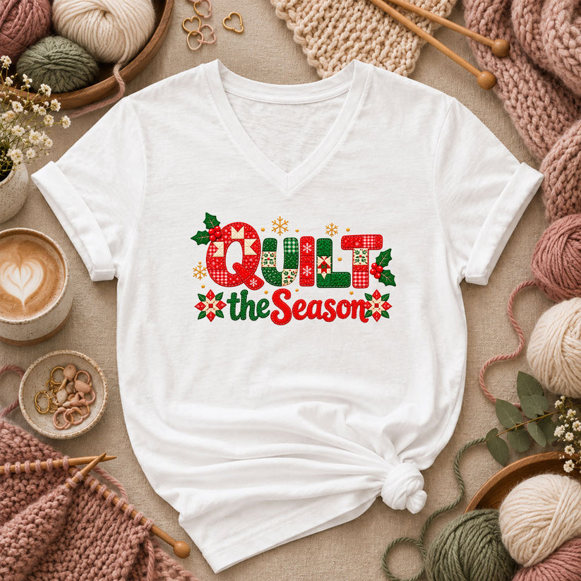 Quilt The Season Patchwork Holly And Poinsettias Women's V-Neck - White