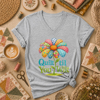 Quilt Til You Wilt Patchwork Flower Funny Women's V-Neck - Athletic Heather