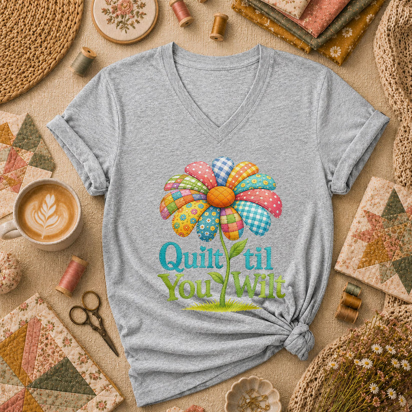 Quilt Til You Wilt Patchwork Flower Funny Women's V-Neck - Athletic Heather