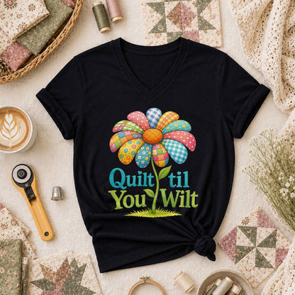 Quilt Til You Wilt Patchwork Flower Funny Women's V-Neck - Black