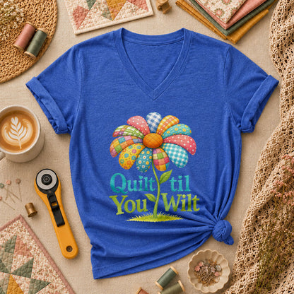 Quilt Til You Wilt Patchwork Flower Funny Women's V-Neck - Heather True Royal
