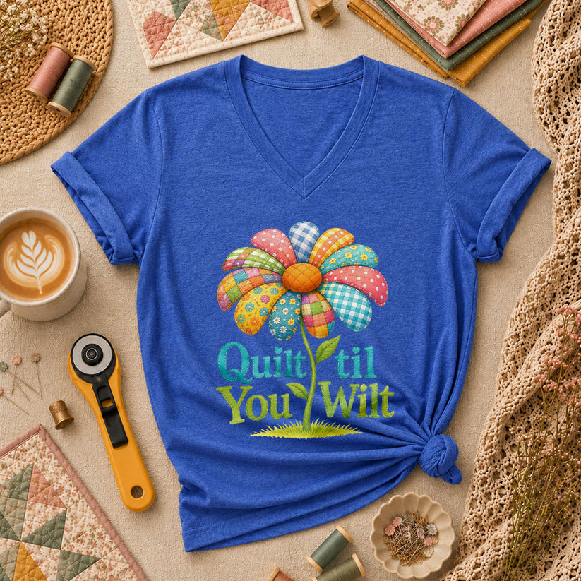 Quilt Til You Wilt Patchwork Flower Funny Women's V-Neck - Heather True Royal